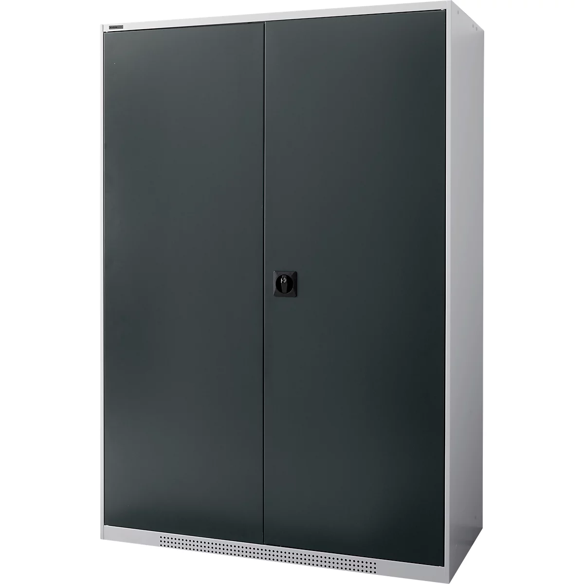 Dark grey cabinet with two doors, black handle, and rectangular air vents at the bottom.