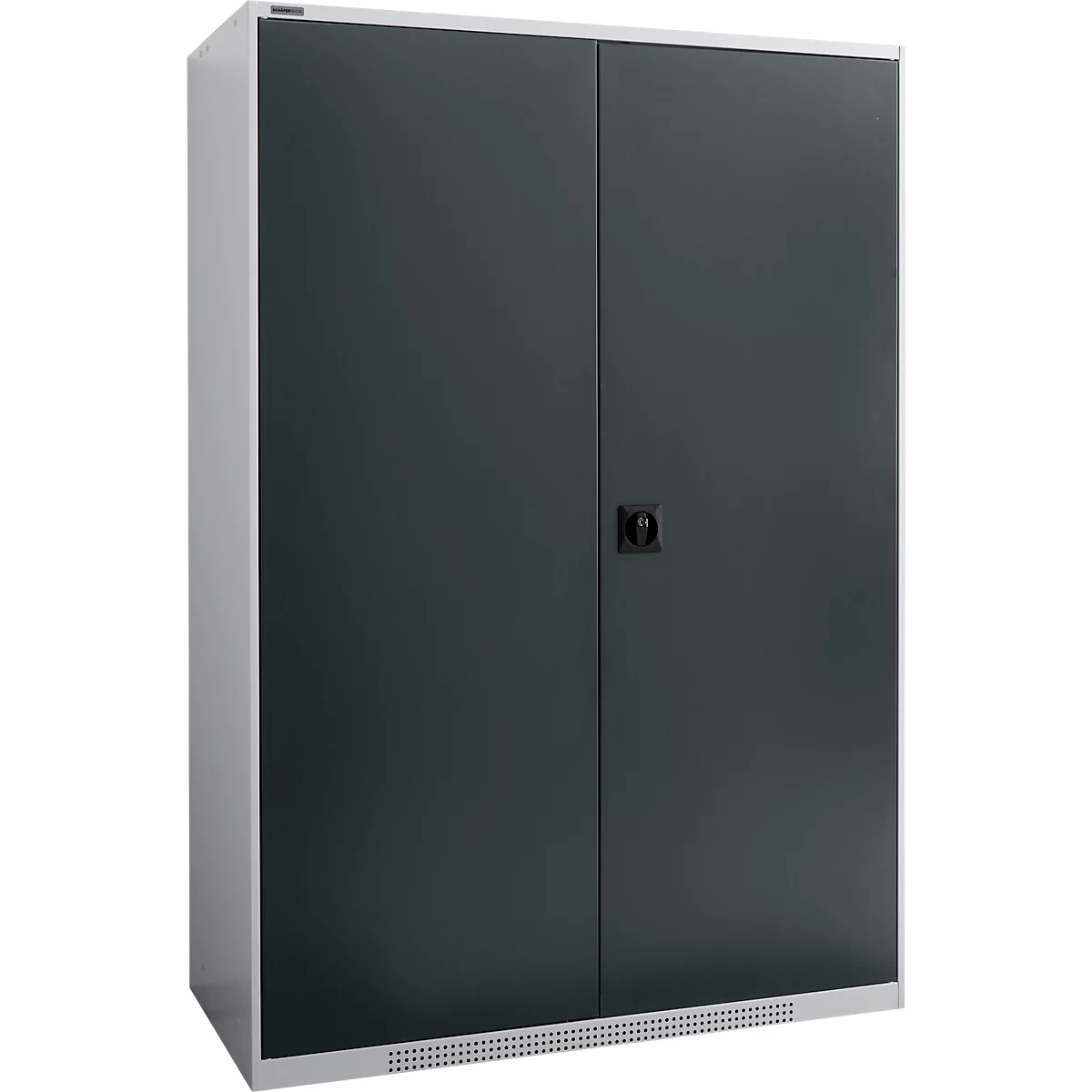 A grey steel cabinet with two doors, black handle, and ventilation slots at the bottom.