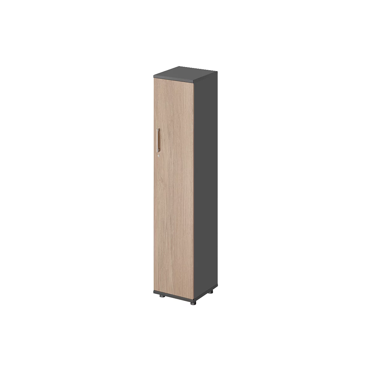 A tall, narrow cabinet with a wooden front and anthracite-colored sides and top. An elongated handle. Standing on small feet.