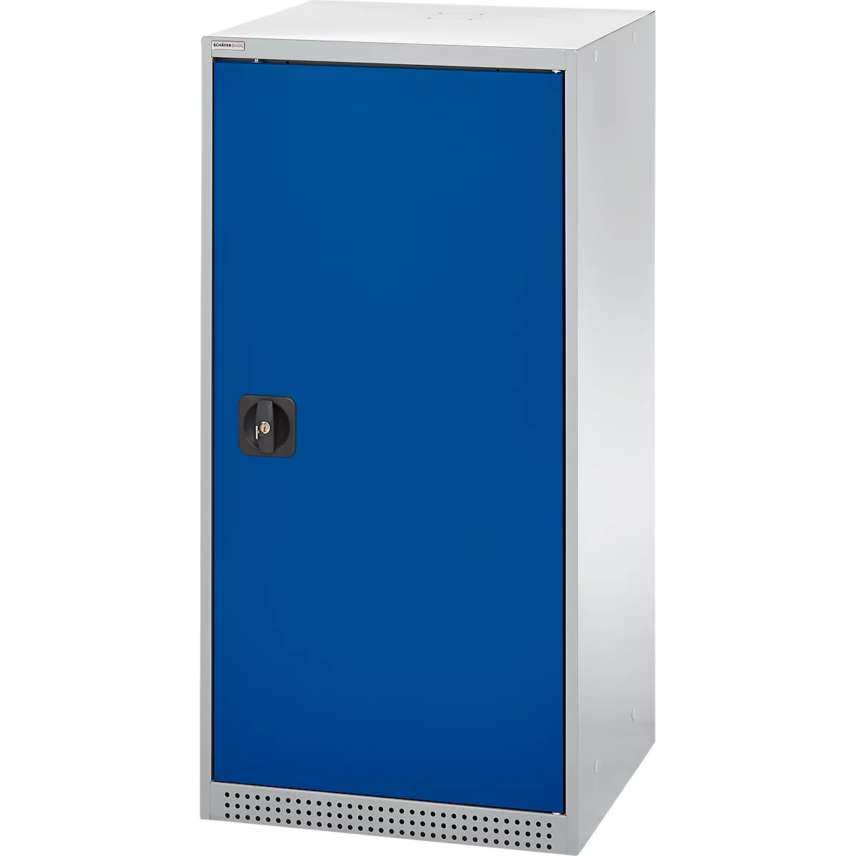 Schäfer Shop Genius draaideurkast FS, staal, met ventilatieopeningen, B 545 x D 420 x H 1105 mm, 3 OH, alu wit RAL 9006/ gentiaanblauw RAL 5010, tot 250 kg