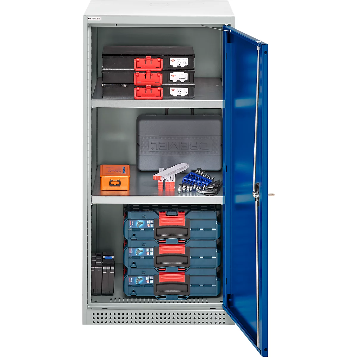 Schäfer Shop Genius draaideurkast FS, staal, met ventilatieopeningen, B 545 x D 420 x H 1105 mm, 3 OH, lichtgrijs RAL 7035/ gentiaanblauw RAL 5010, tot 250 kg