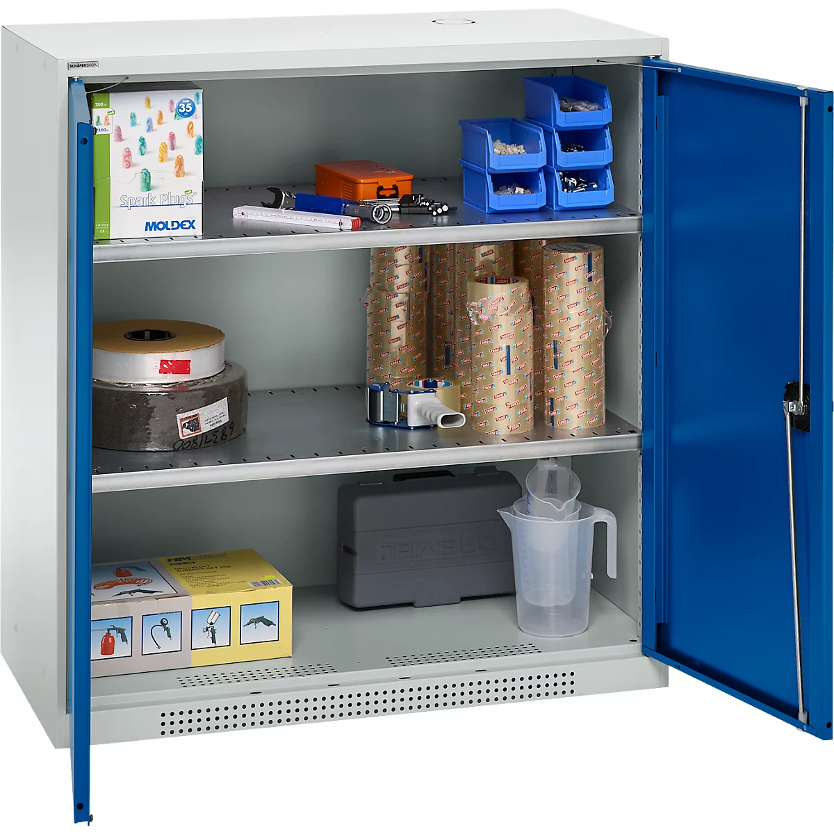 Schäfer Shop Genius dubbeldeurskast FS, staal, met ventilatiegaten, B 1055 x D 520 x H 1105 mm, 3 OH, lichtgrijs/ gentiaanblauw, tot 300 kg