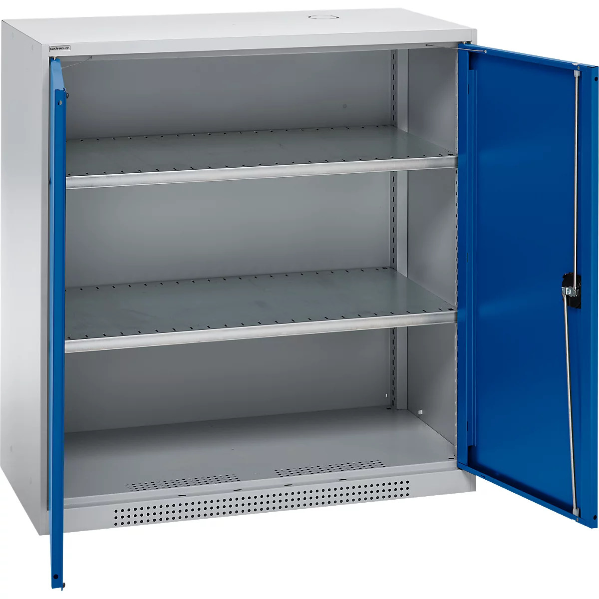Schäfer Shop Genius dubbeldeurskast FS, staal, met ventilatiegaten, B 1055 x D 520 x H 1105 mm, 3 OH, witaluminium/ gentiaanblauw, tot 300 kg