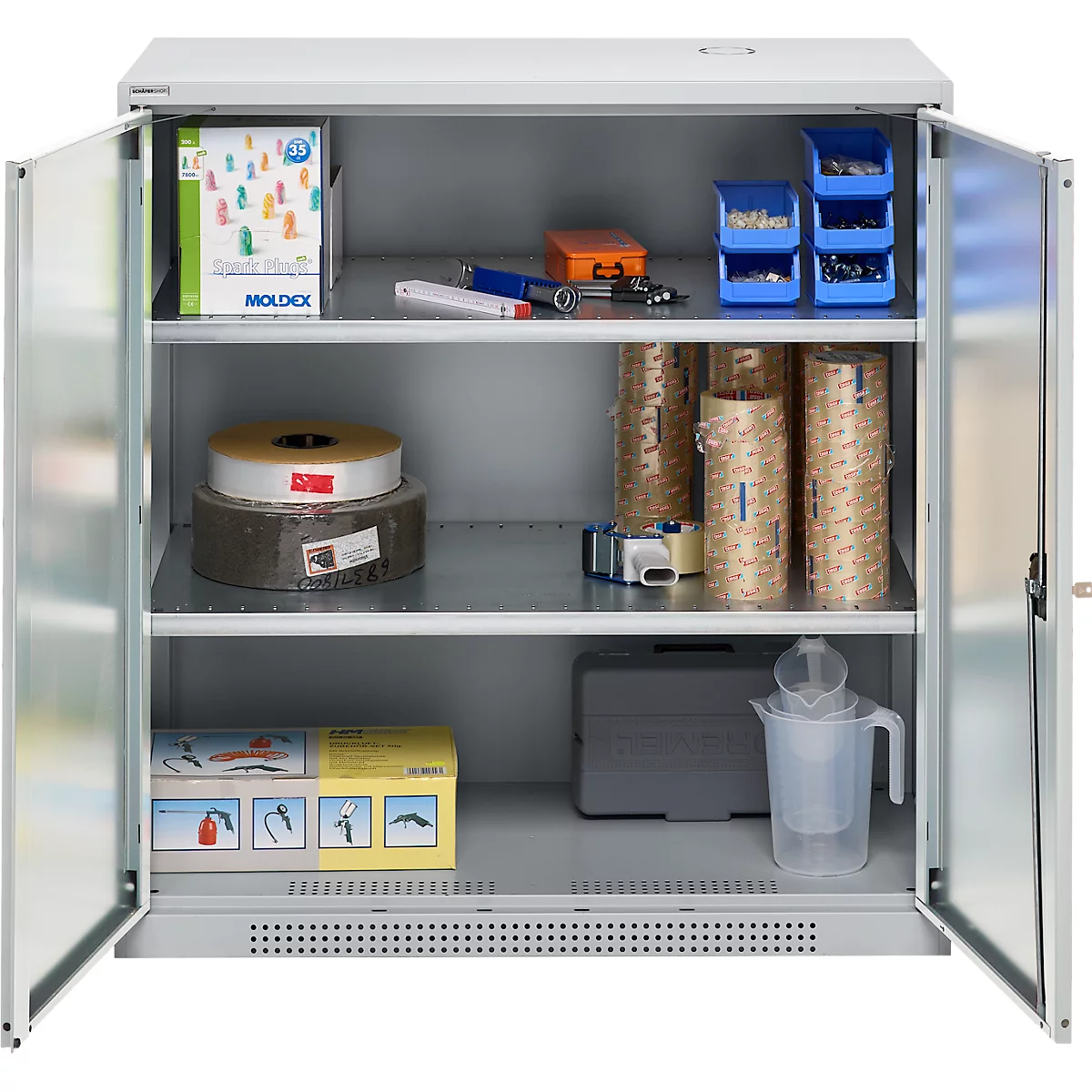 Schäfer Shop Genius dubbeldeurskast FS, staal, met ventilatiegaten, B 1055 x D 520 x H 1105 mm, 3 OH, witaluminium/wit-aluminium, tot 300 kg