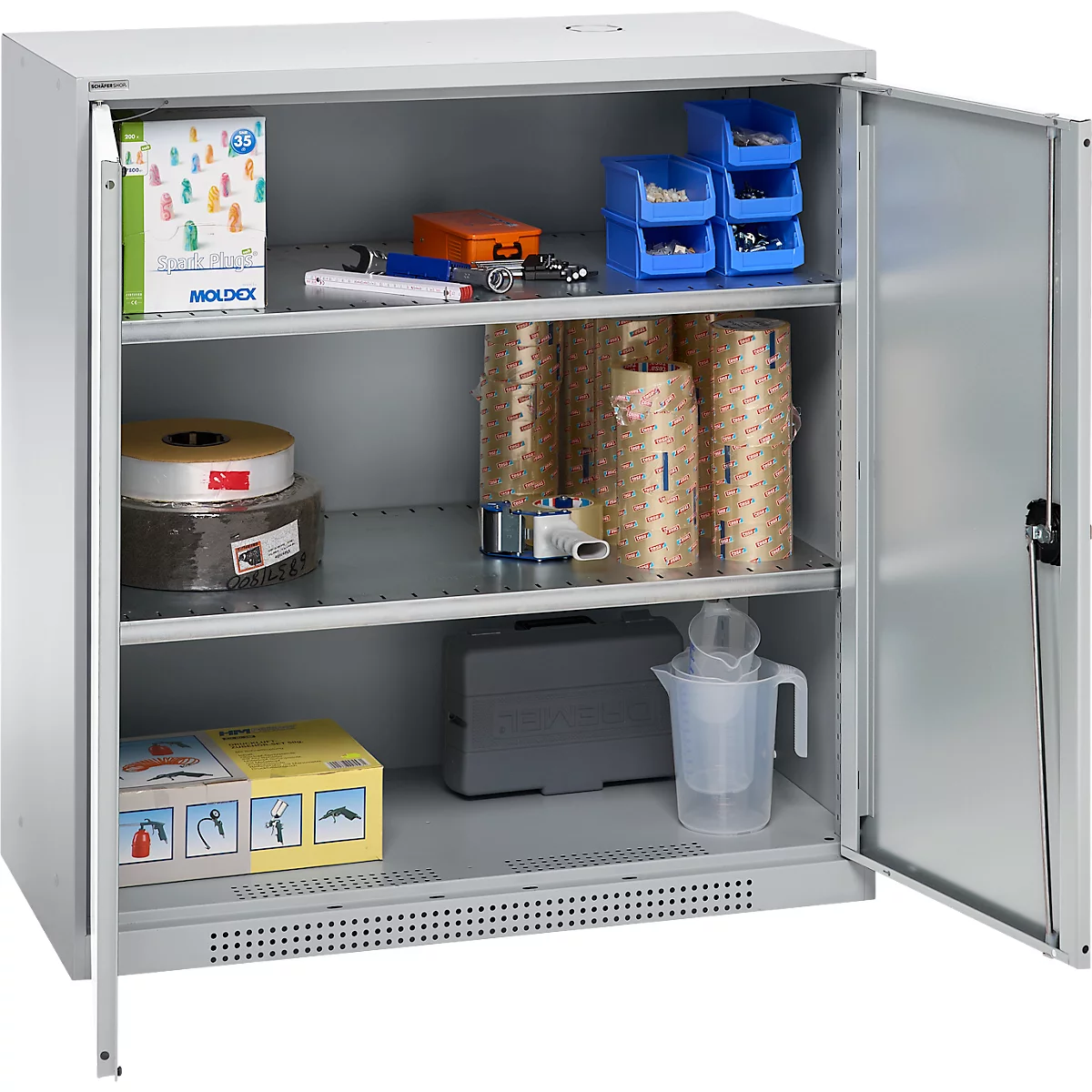 Schäfer Shop Genius dubbeldeurskast FS, staal, met ventilatiegaten, B 1055 x D 520 x H 1105 mm, 3 OH, witaluminium/wit-aluminium, tot 300 kg
