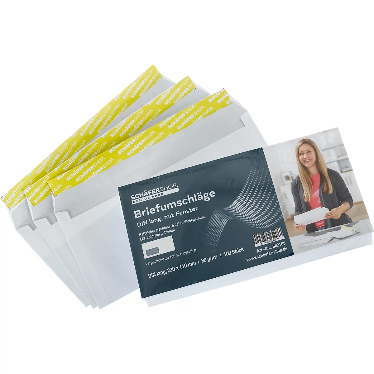 Schäfer Shop Genius enveloppen, DIN lang, met venster, zelfklevend, papier, wit, 100 stuks
