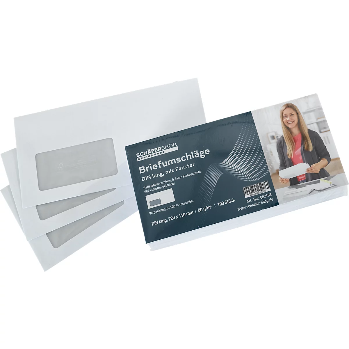 Schäfer Shop Genius enveloppen, DIN lang, met venster, zelfklevend, papier, wit, 100 stuks