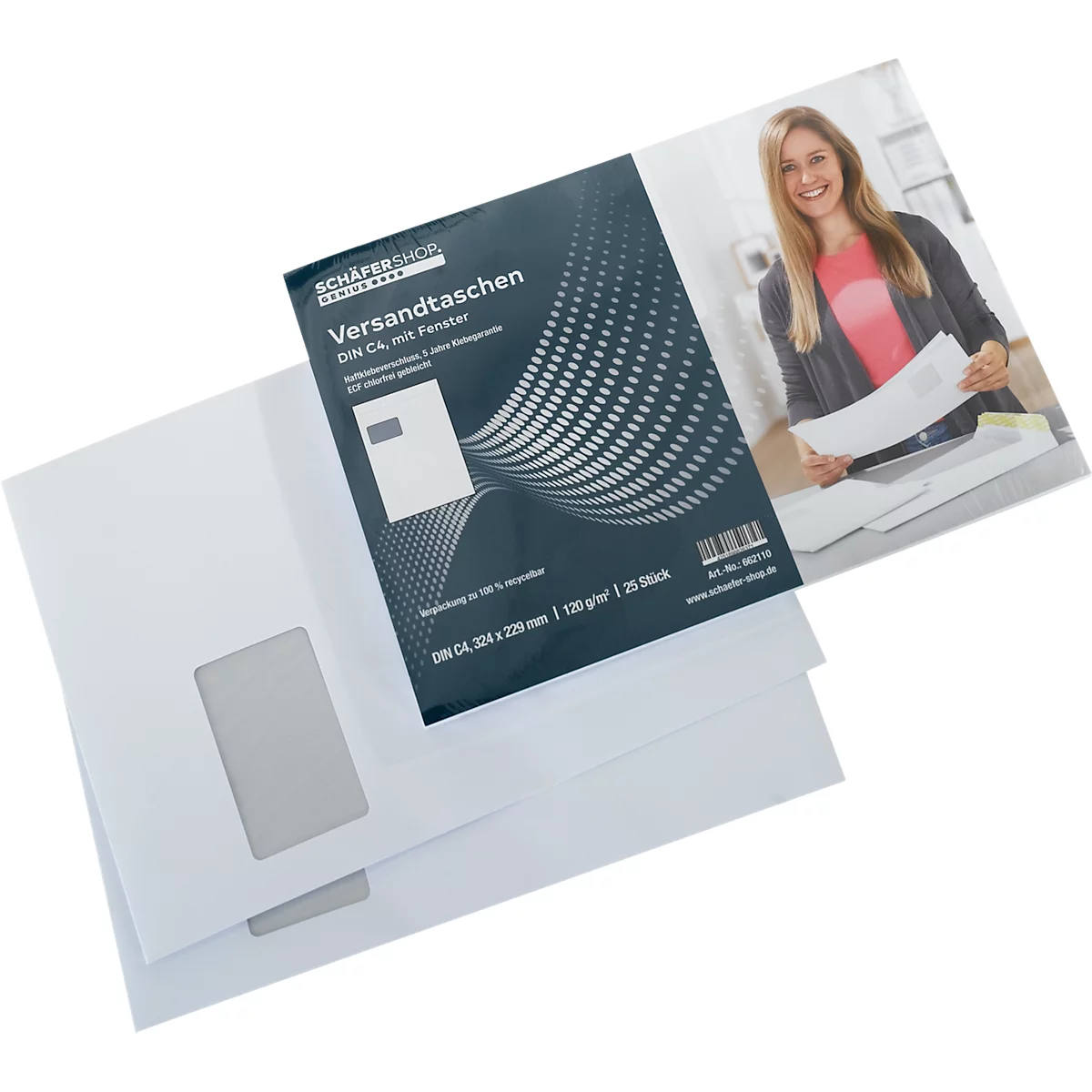 Schäfer Shop Genius enveloppen, formaat C4, met venster, zelfklevend, papier, 120 g/m², wit, 25 stuks