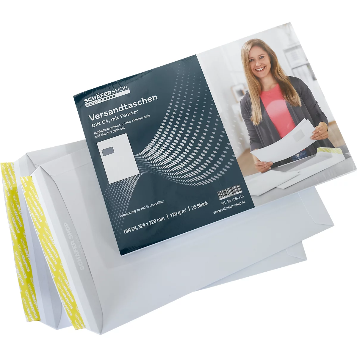 Schäfer Shop Genius enveloppen, formaat C4, met venster, zelfklevend, papier, 120 g/m², wit, 25 stuks