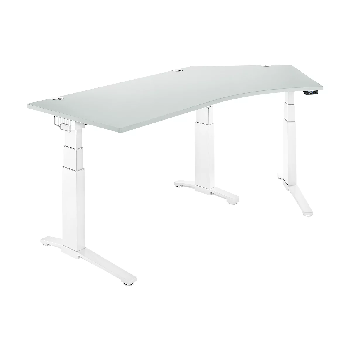 Schäfer Shop Genius ERGOSTYLE S bureau, 135°, elektrisch in hoogte verstelbaar, aanbouw rechts, tweetraps, C-voet, B 2165 x D 800 x H 645-1305 mm, incl. Memory Master, lichtgrijs/wit