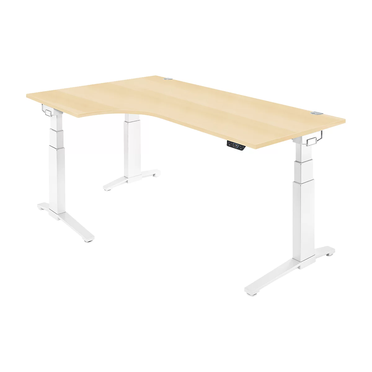 Beige hoekbureau, in hoogte verstelbaar, met witte poten en een bedieningspaneel. Het tafelblad is van hout.