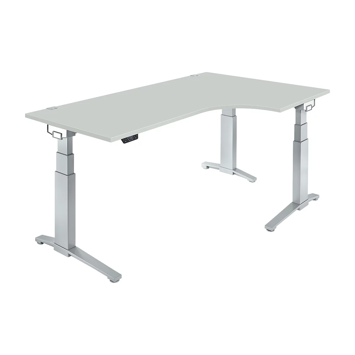 Schäfer Shop Genius ERGOSTYLE S bureau, 90°, rechts uitschuifbaar, elektrisch in hoogte verstelbaar, C-voet, twee niveaus, B 2000 x D 800 x H 645-1305 mm, incl. Memory Master, aluminium lichtgrijs/wit
