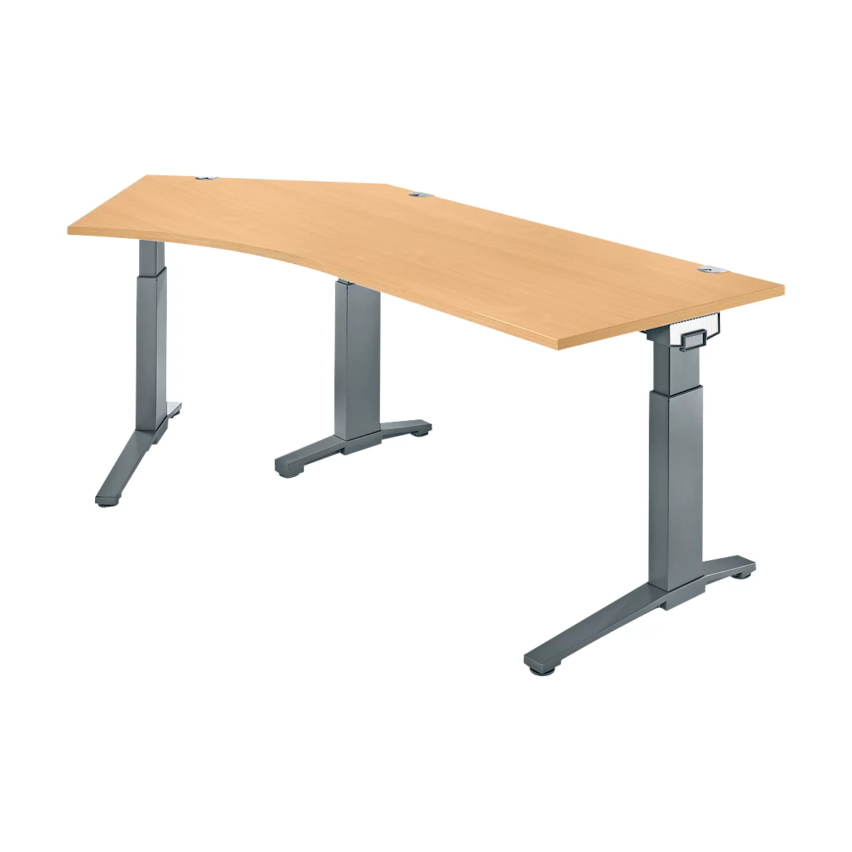 Bright, ergonomic desk with adjustable height legs. The tabletop has a slight curve. Gray legs.