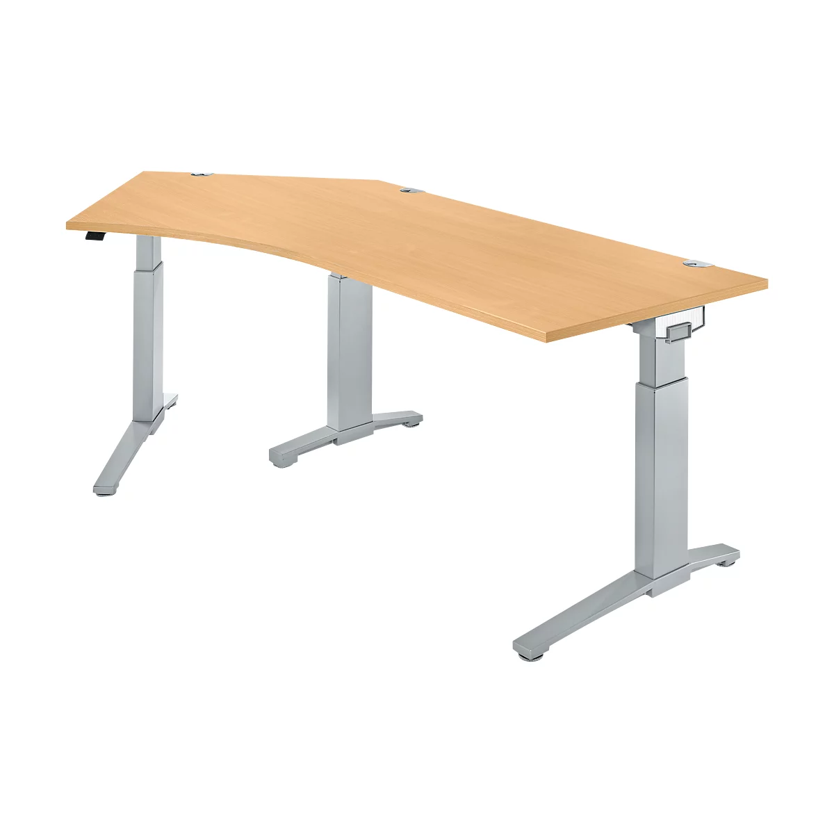 Light brown ergonomic desk with silver legs. The desk is height-adjustable and has a curved shape.