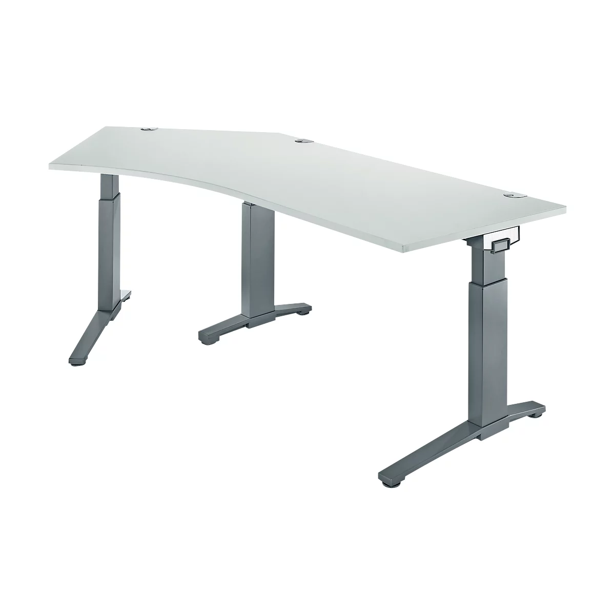 A white, height-adjustable desk with gray metal legs. The tabletop has a slight curve.