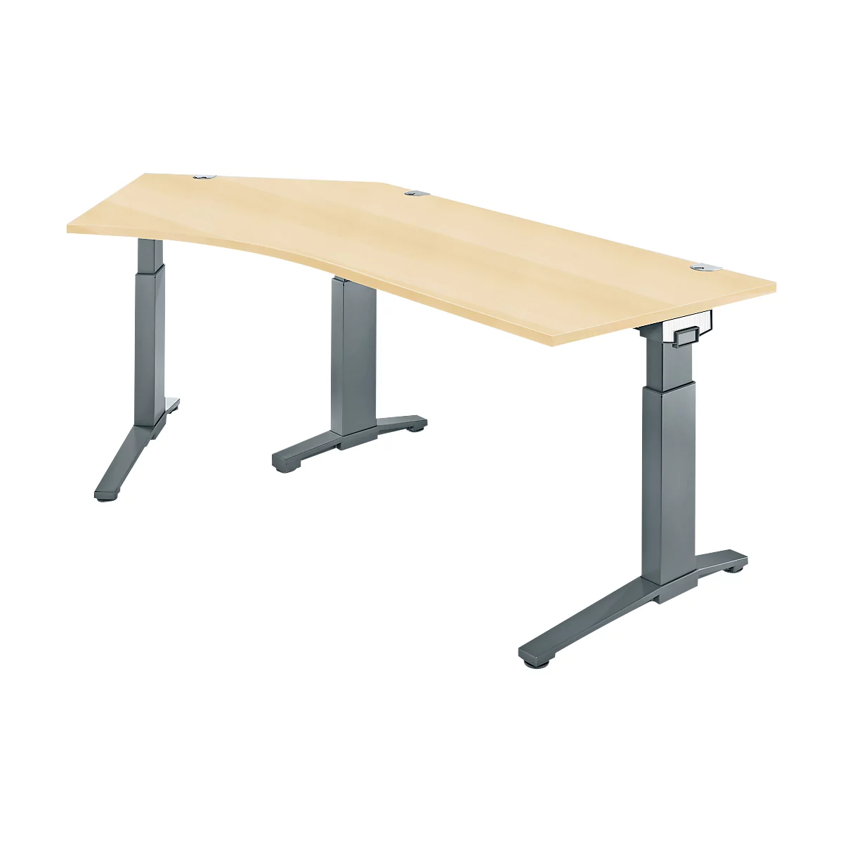 Light-colored, ergonomic desk with height-adjustable gray legs. The tabletop is curved.