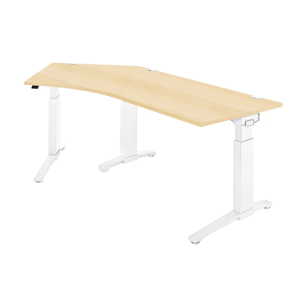 Desk with light brown tabletop and white height-adjustable frame. The shape is slightly curved.
