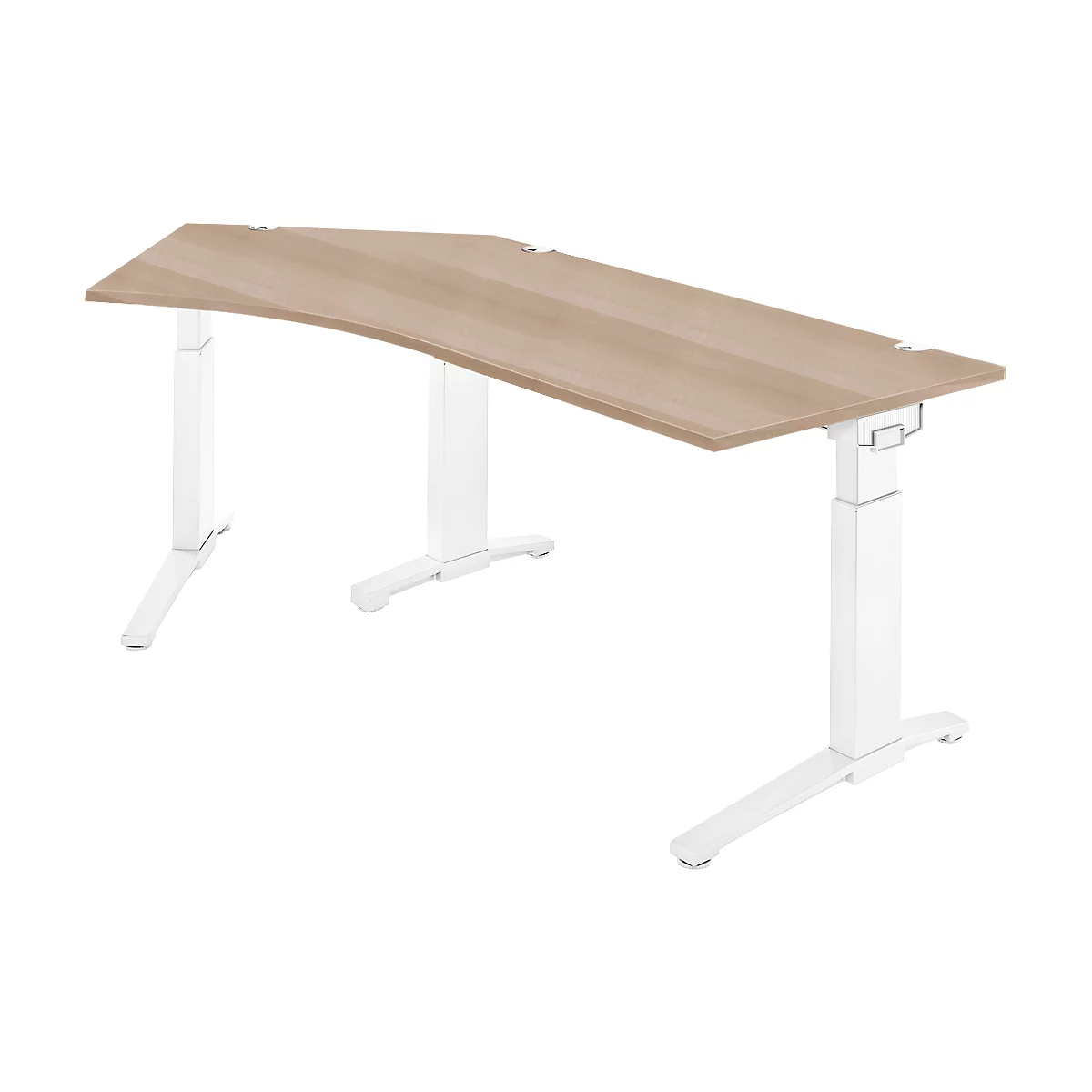An ergonomic height-adjustable desk made of light wood with white legs, against a white background.