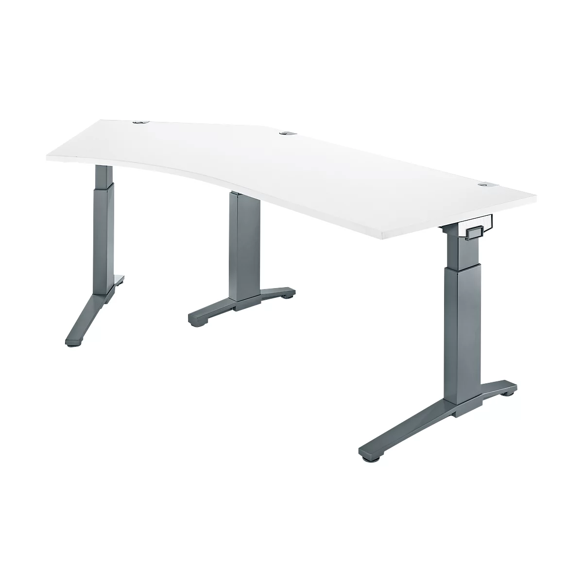 A white, curved desk with gray, height-adjustable legs. There are round openings in the table.