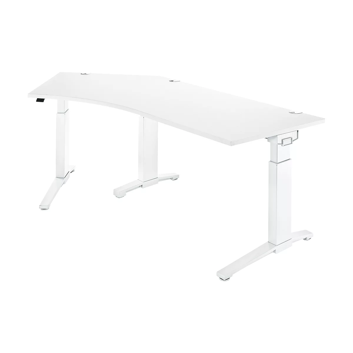 White, height-adjustable desk with curved tabletop and rectangular base.