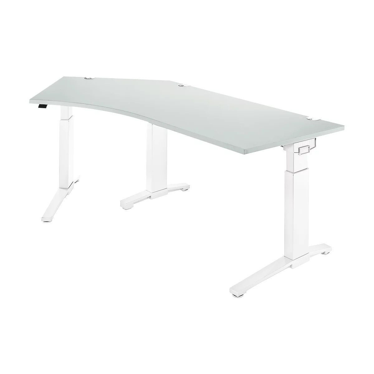 A white, height-adjustable desk with a curved table top and white frame.
