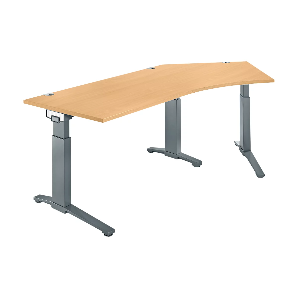 An ergonomic, height-adjustable desk with a light brown tabletop and gray metal legs.