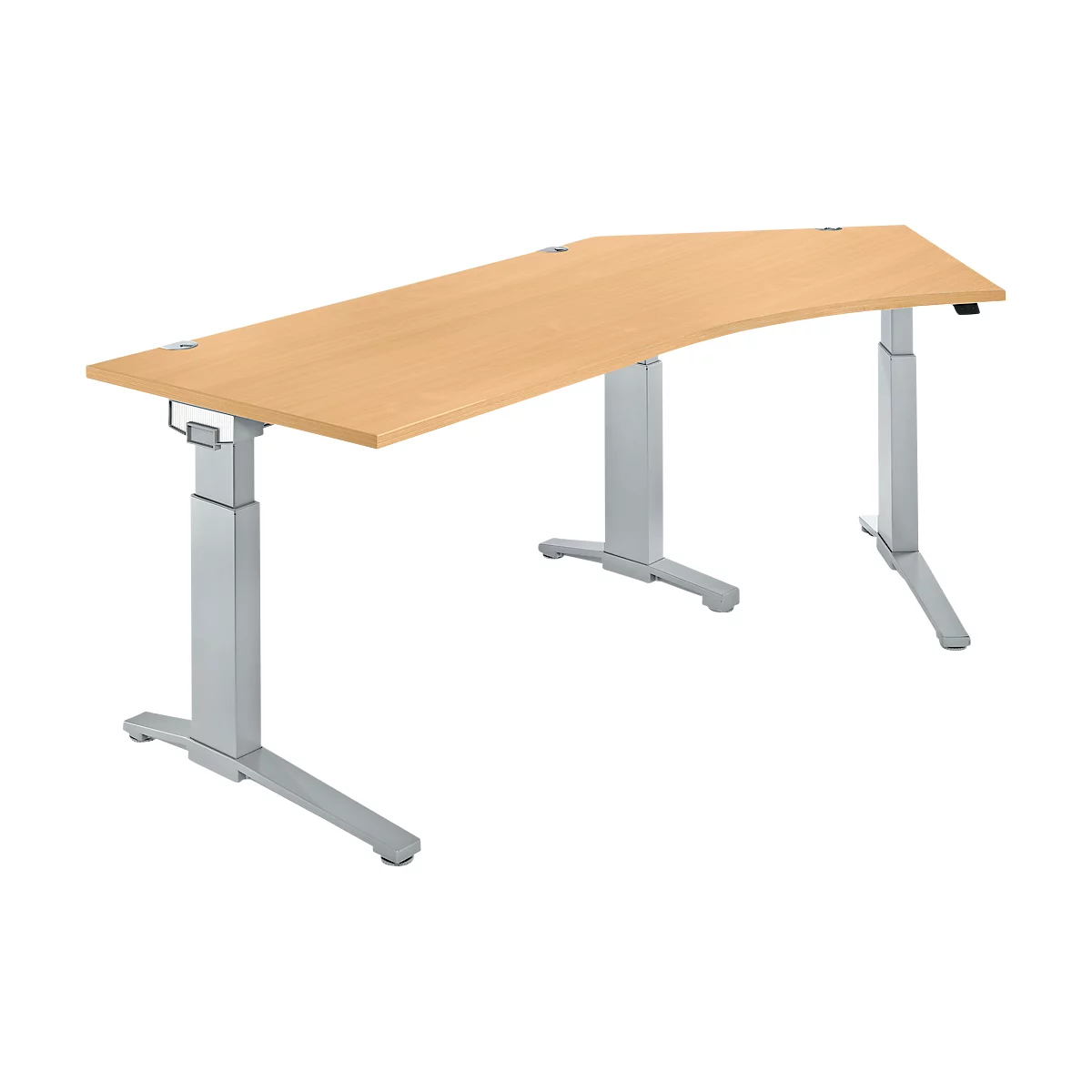 Light brown ergonomic desk with curved tabletop and height-adjustable, silver-colored legs.