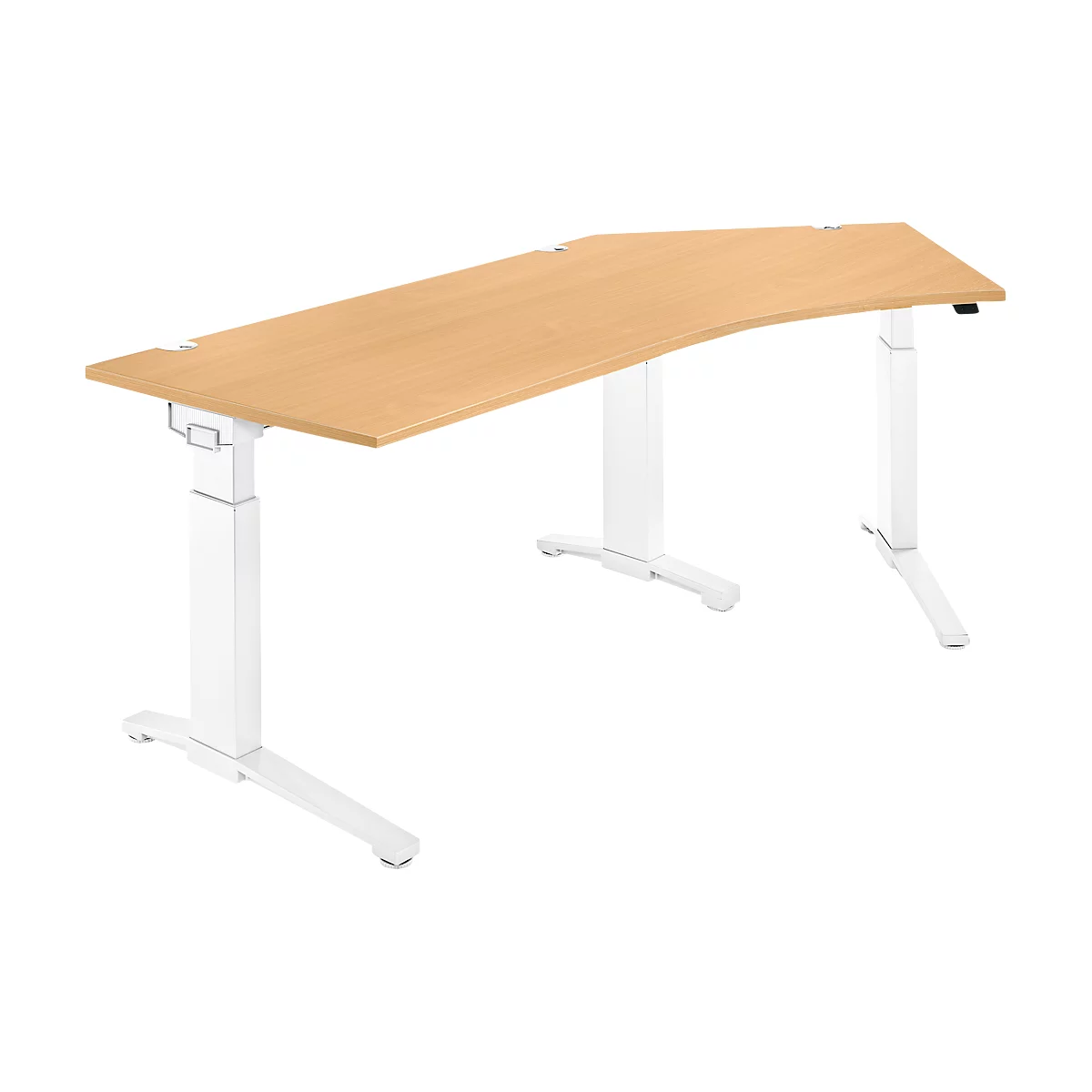 A height-adjustable desk with a light brown tabletop, supported by white legs.