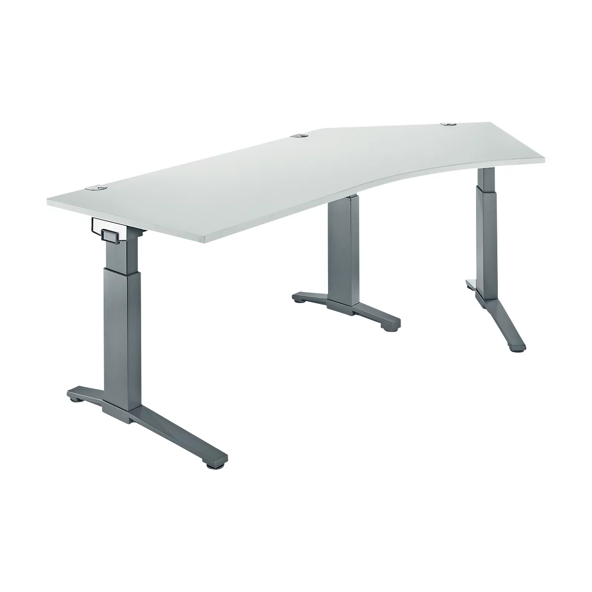 An adjustable-height white desk with a gray metal frame. The tabletop has a curved shape.
