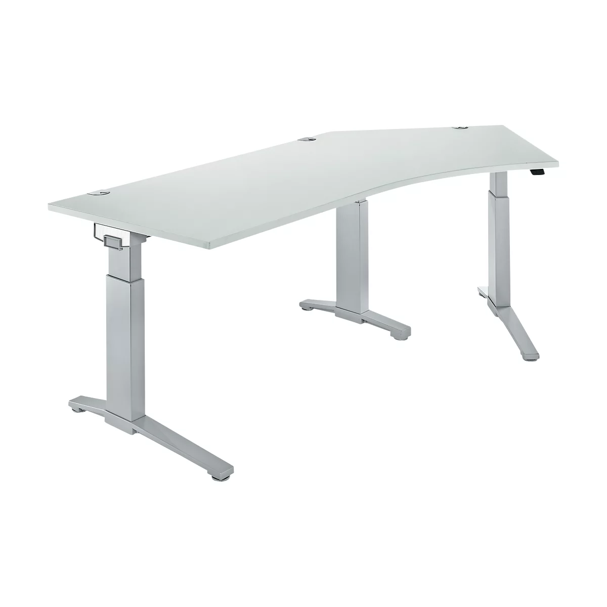 A white, ergonomic desk with silver, height-adjustable legs. Two openings for cables on the tabletop.