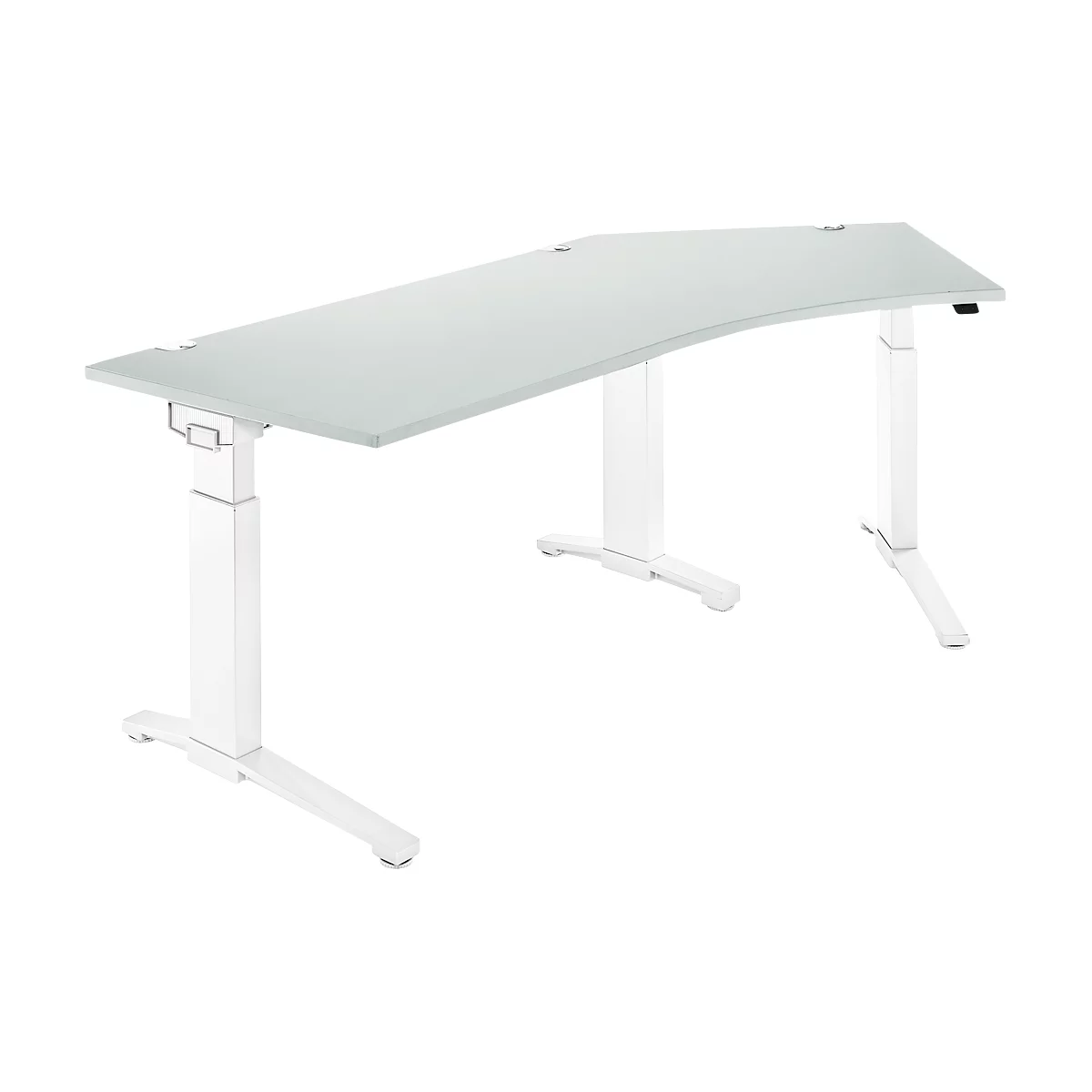 A white height-adjustable desk with a curved tabletop. Three legs with white frame, light gray tabletop.