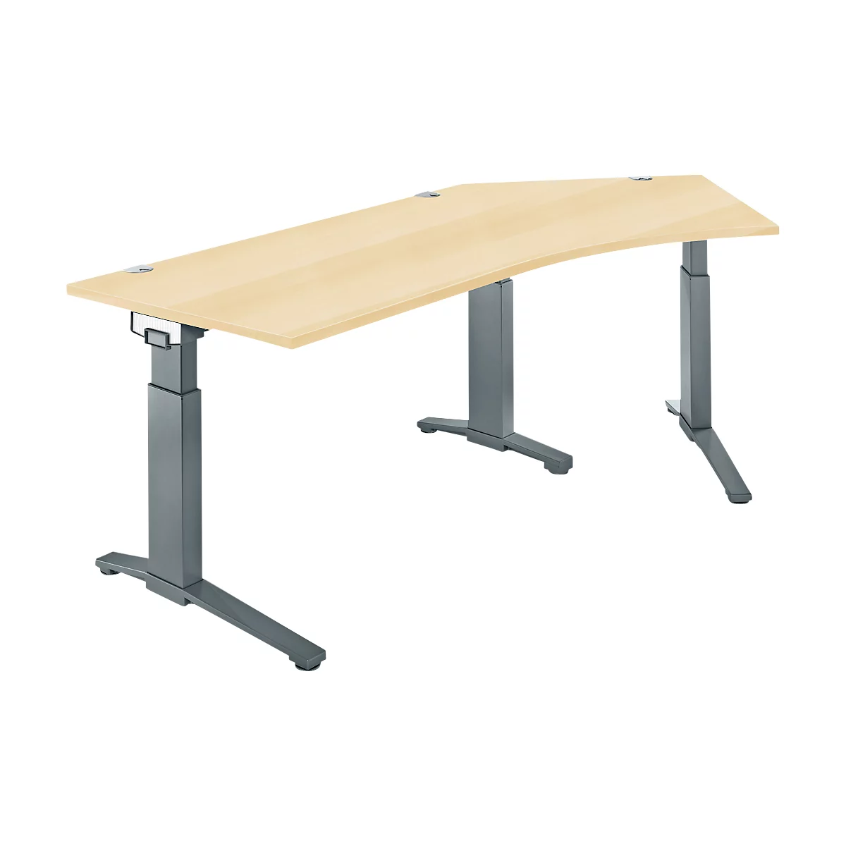 A light-colored, curved desk with gray-silver height-adjustable legs.