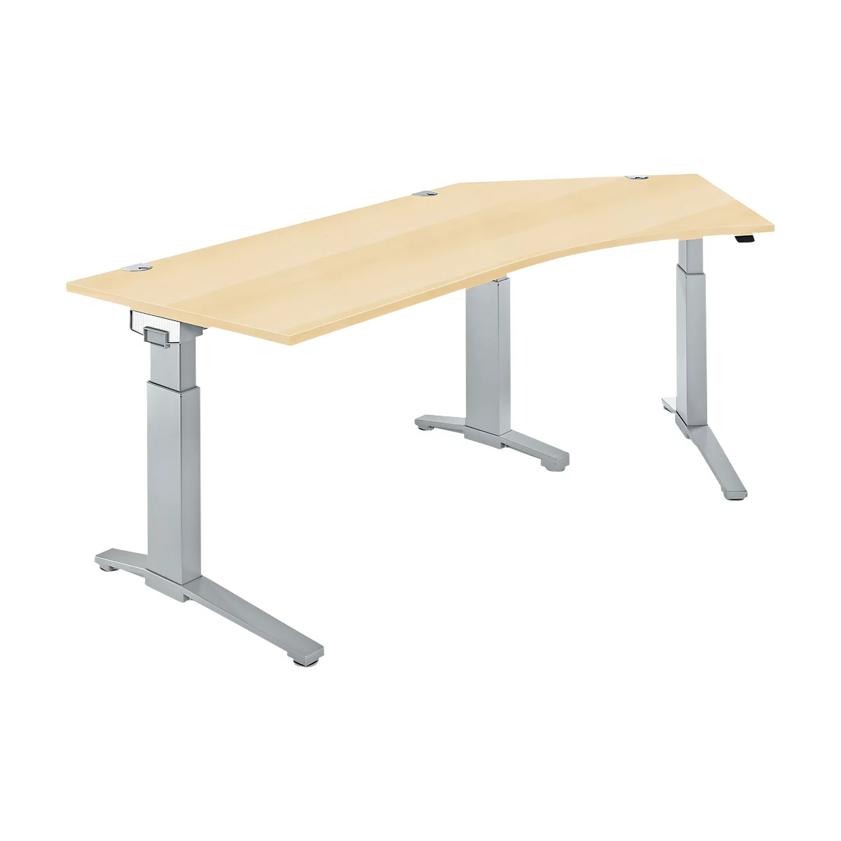 A height-adjustable desk with a light brown tabletop and silver legs, standing in a studio against a white background.