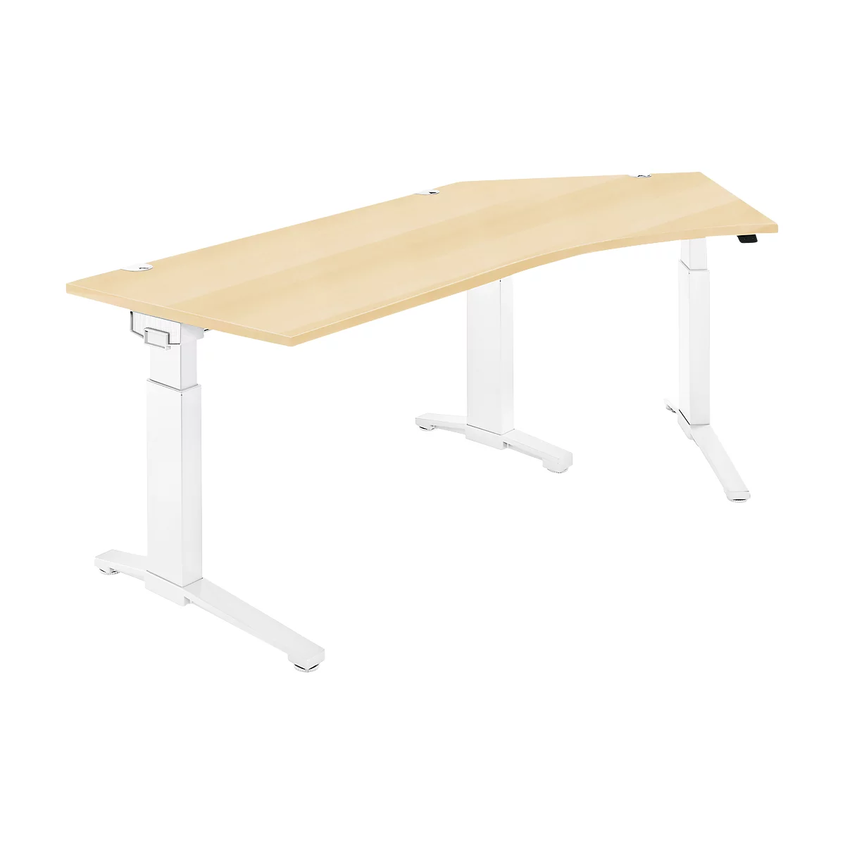 A light-colored, ergonomic desk with a white frame and light brown tabletop. The design is slightly curved.