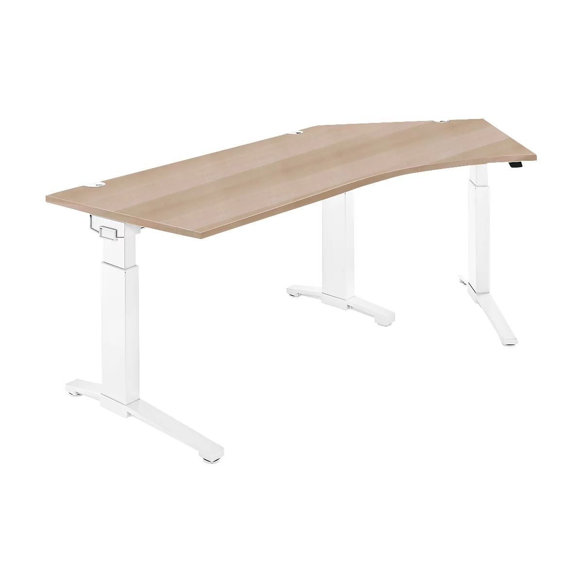 A light-colored, L-shaped desk with a wooden top and white height-adjustable legs.