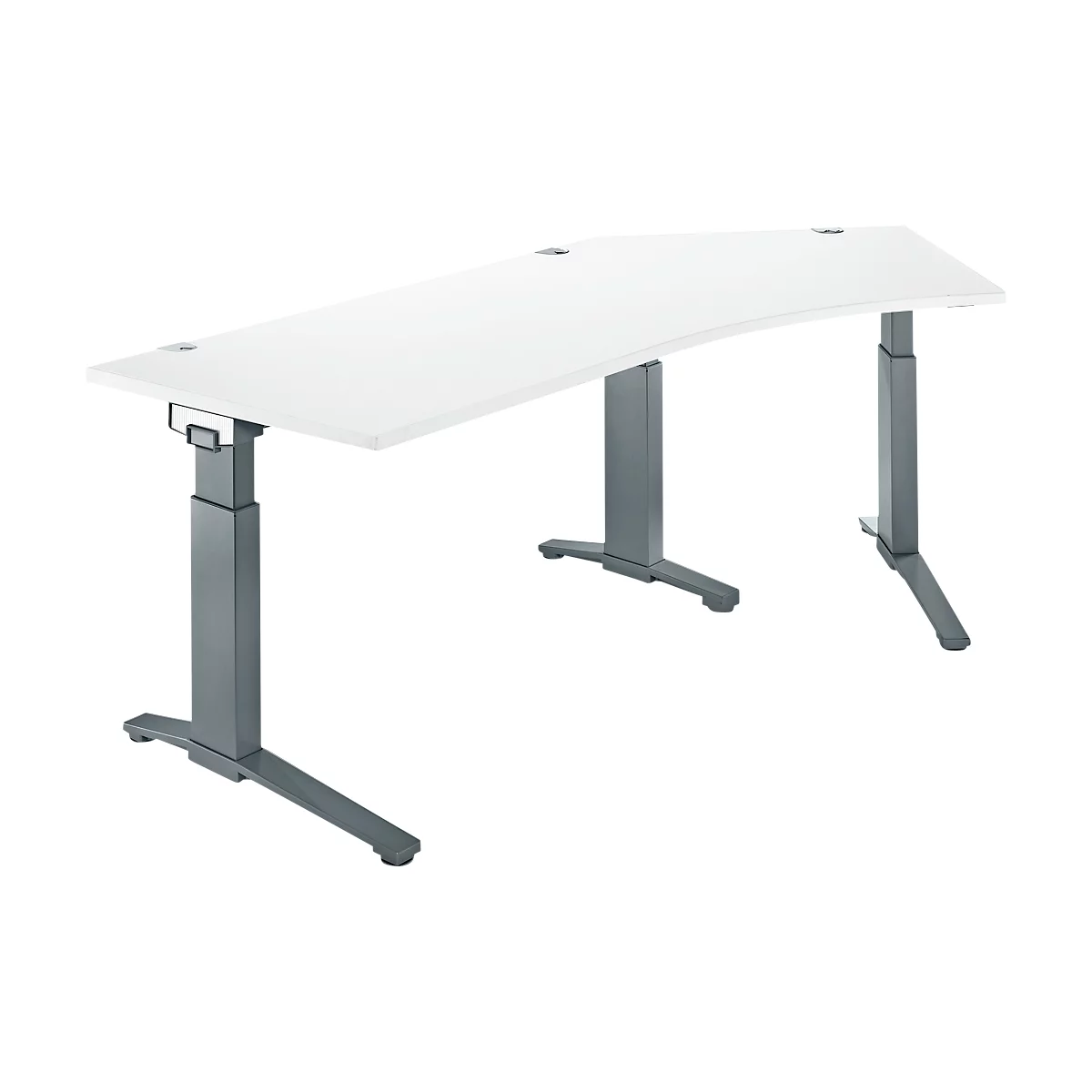 Desk with white tabletop and height-adjustable gray legs.