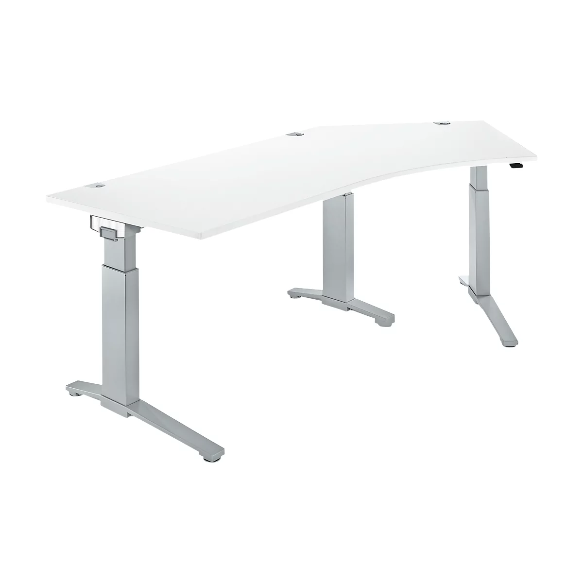 White, curved desk with silver, height-adjustable legs. Three holes in the tabletop.