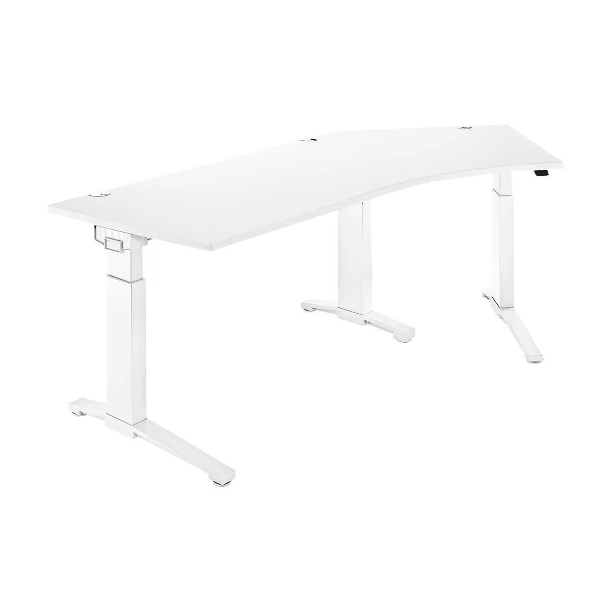 White height-adjustable desk with curved tabletop and two pillars.