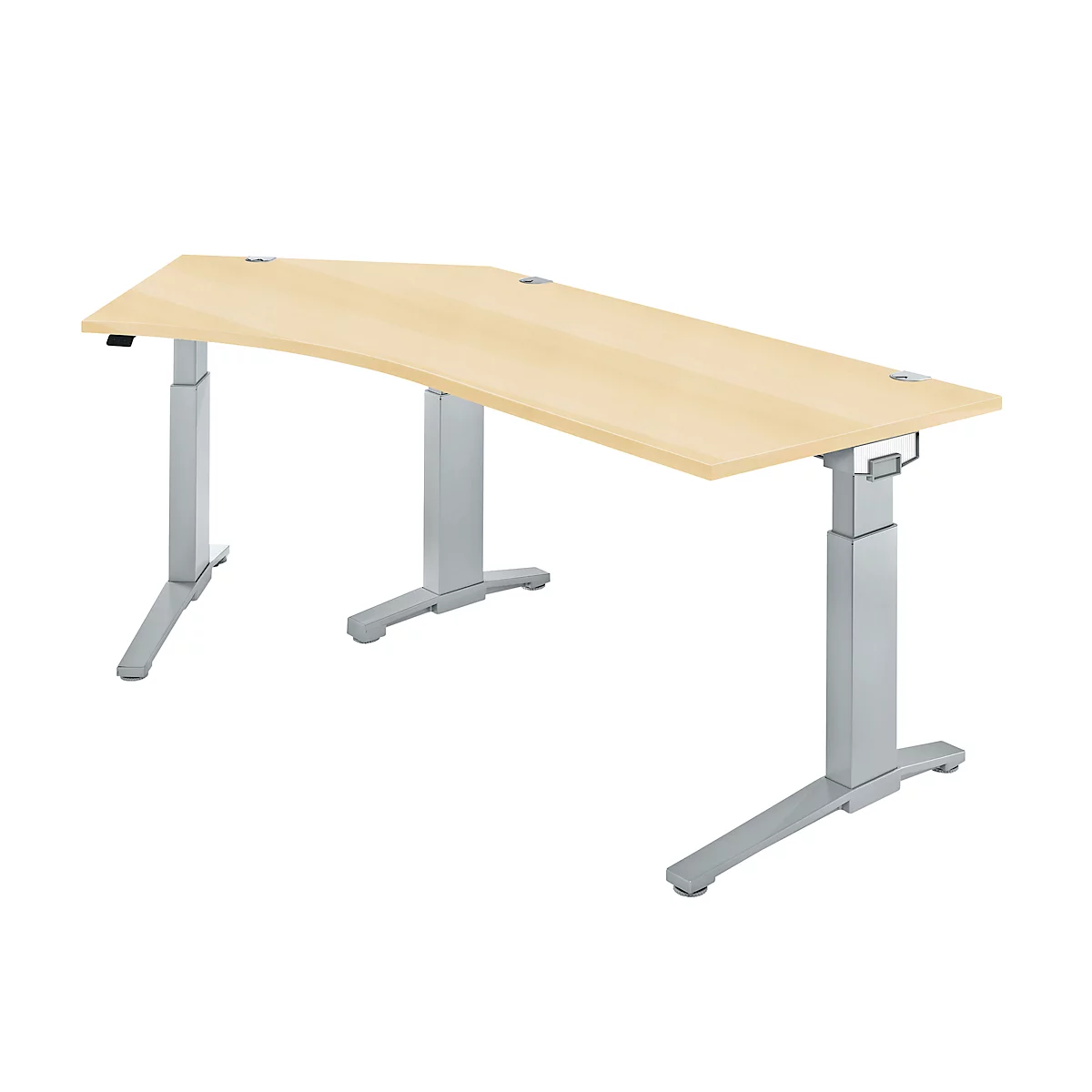 An ergonomic, height-adjustable desk with a light brown table top and silver legs.