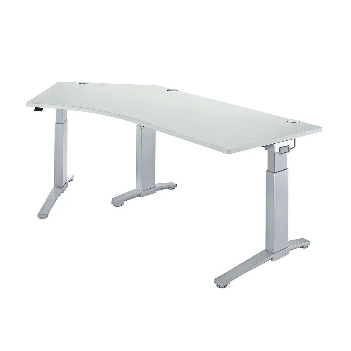 A white height-adjustable desk with a curved tabletop on gray-silver legs, against a white background.