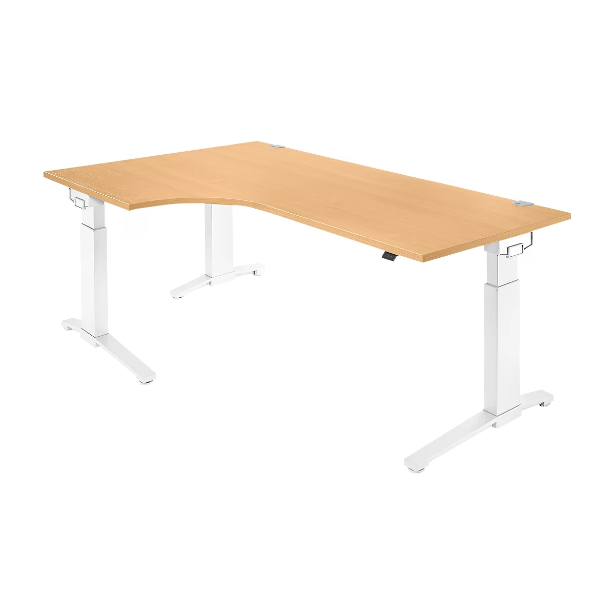 Light brown corner desk with white frame. The table has an ergonomic shape and height-adjustable feet.