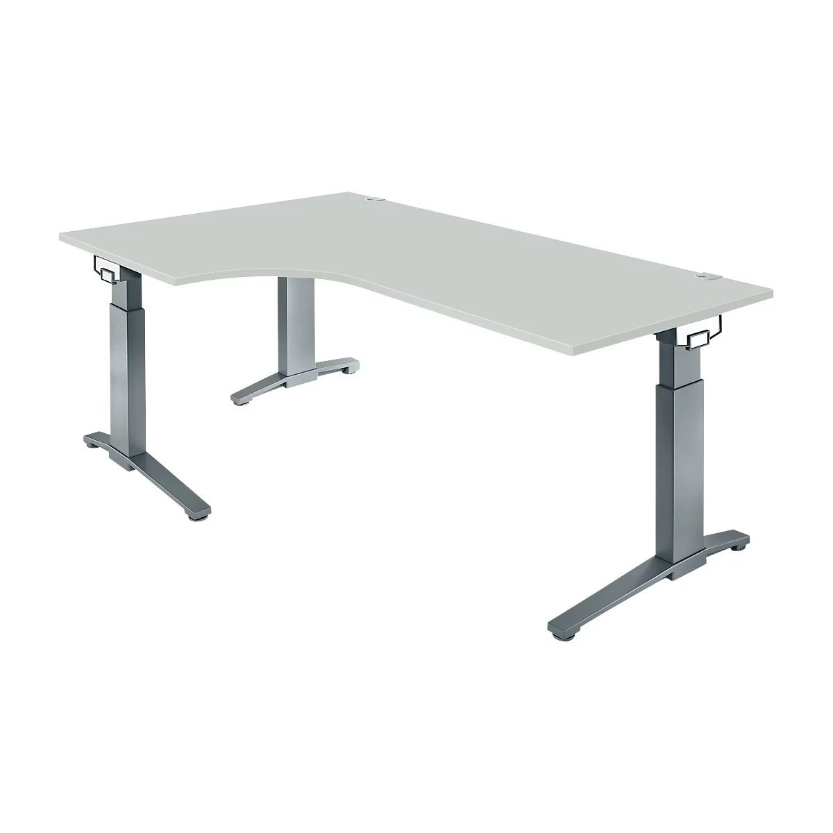 An L-shaped, height-adjustable desk in gray with a silver frame. The tabletop is light gray and rectangular.