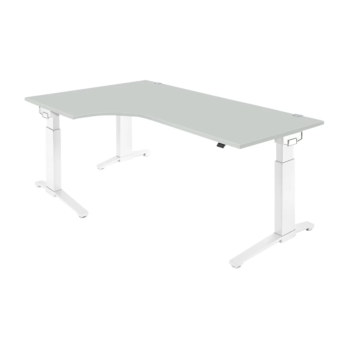 Light gray corner desk with white height-adjustable legs. There is a control panel on the right side for adjustment.
