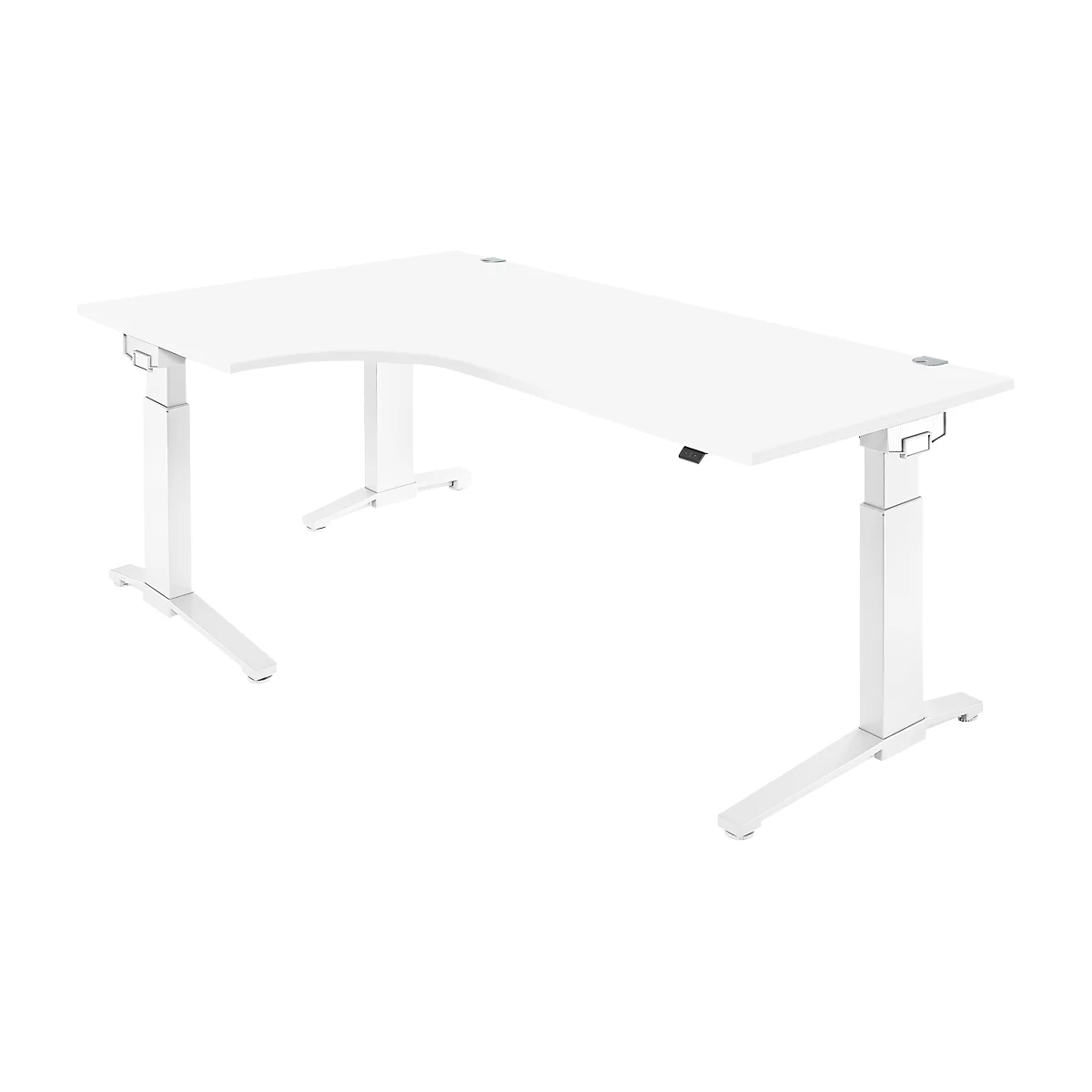 White, height-adjustable corner desk, with an L-shaped design and steel legs.