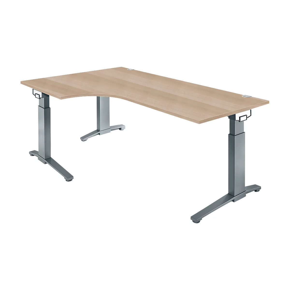 An adjustable corner desk made of wood with gray metal legs, against a white background.