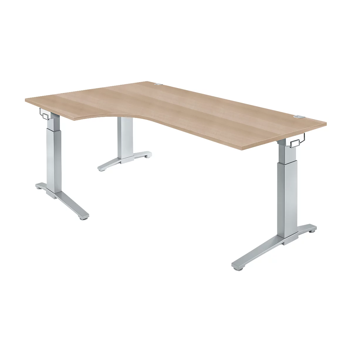 Corner desk with light brown tabletop and silver, height-adjustable legs, against a white background.