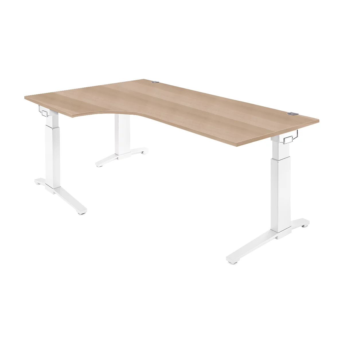 A corner desk with height-adjustable white legs and a light brown tabletop.