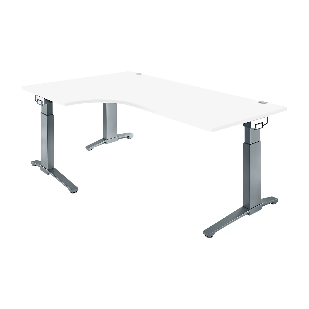 A white, height-adjustable corner desk, with silver legs, against a white background.