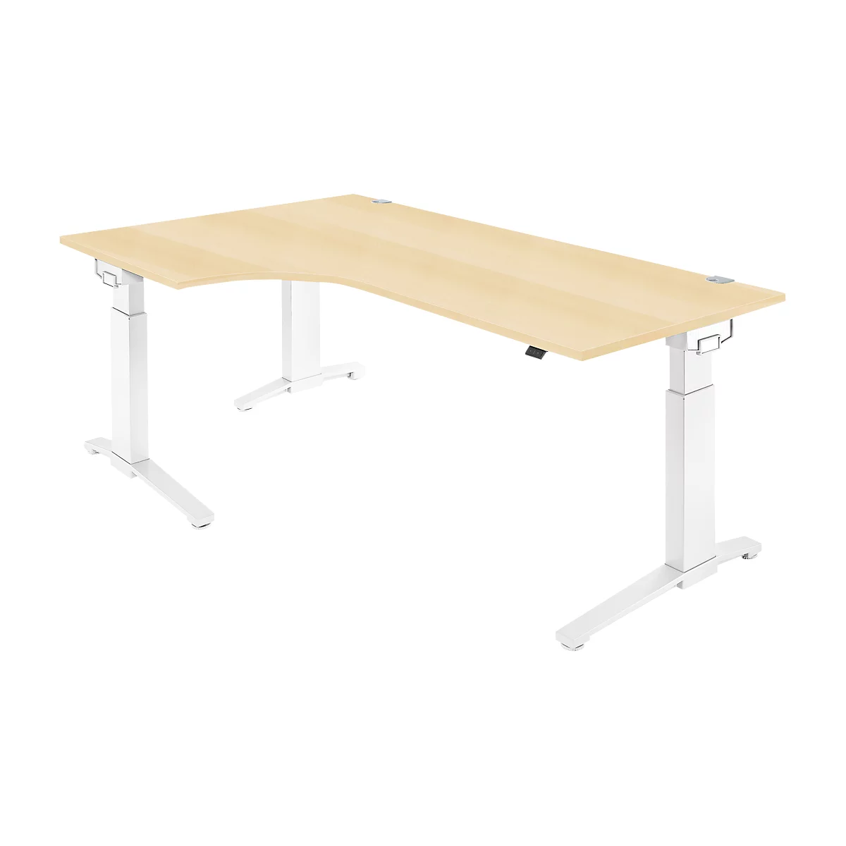 L-shaped desk, light wood with white legs. Electrically height adjustable.
