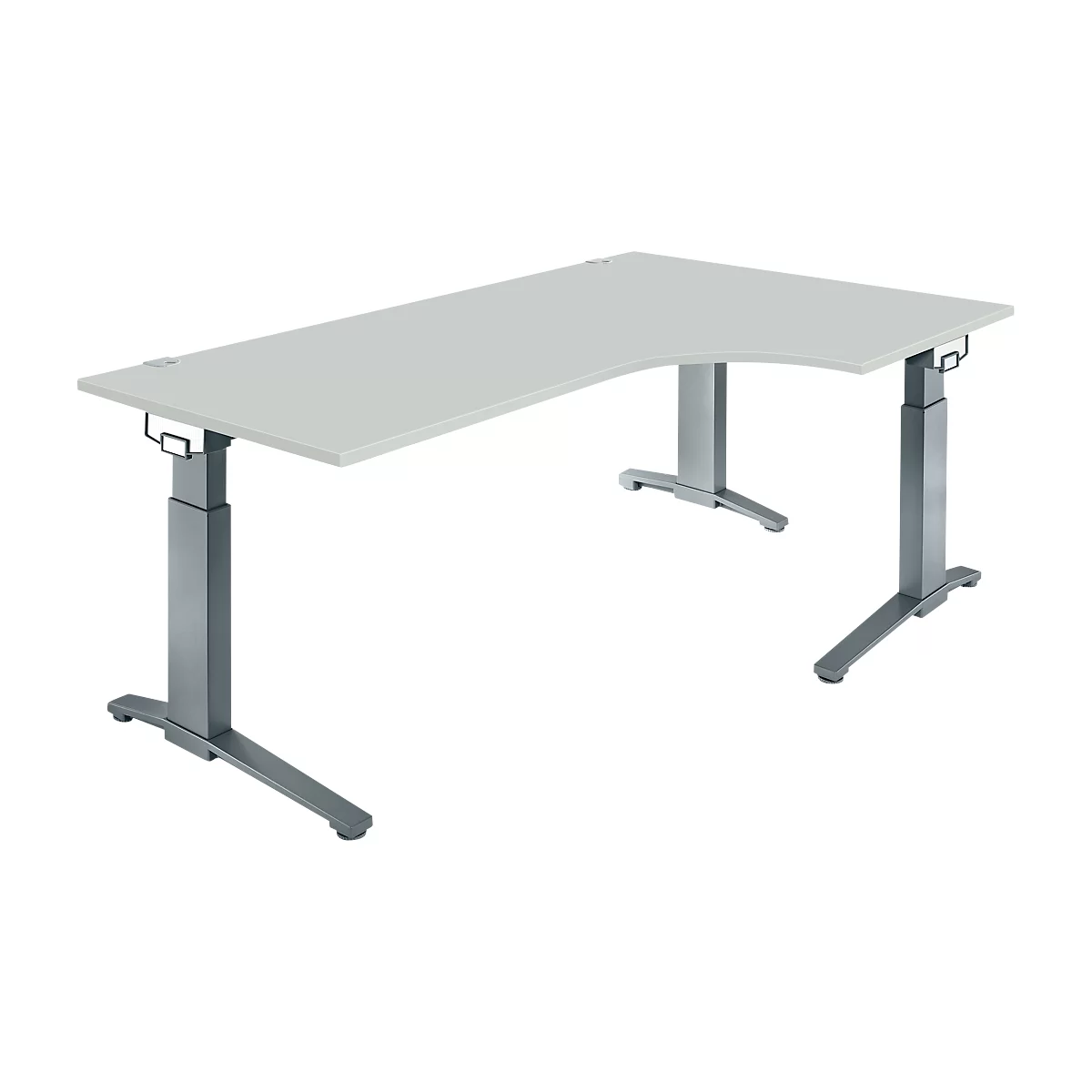 Light grey corner desk, height adjustable. Metal legs, rounded corner.